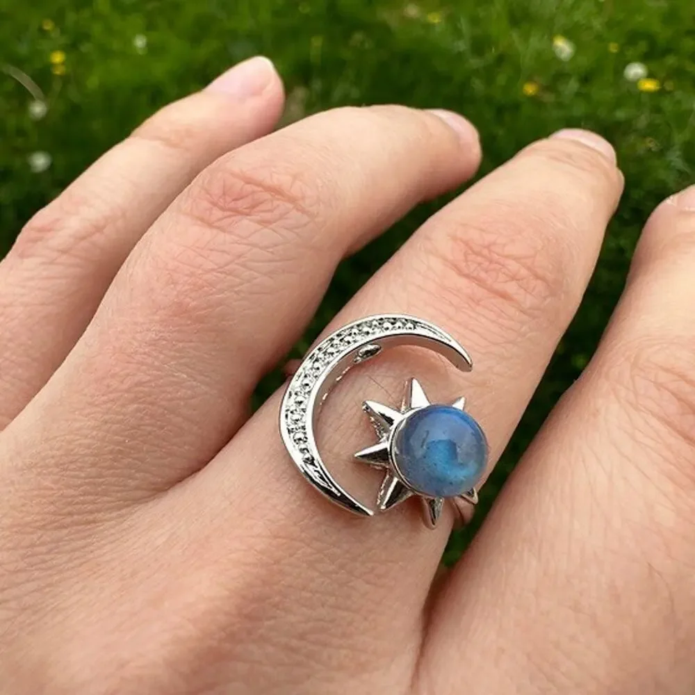 Labradorite Sun & Pavé Moon Adjustable Ring